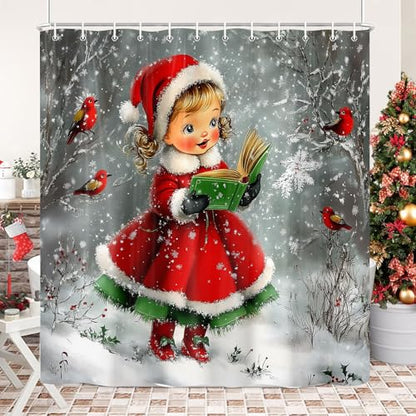 Grey Vintage Christmas Girl Shower Curtain - Retro Winter Snow Scene, 69x70in, Waterproof Fabric with Hooks
