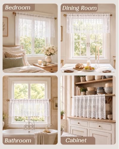 White Gingham Floral Lace Sheer Valance for Windows 52x18 - Light Filtering