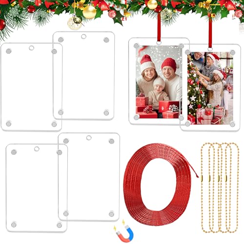 Clear Acrylic Christmas Photo Ornament Set of 4 - 2x3 Inch Magnetic Picture Frames