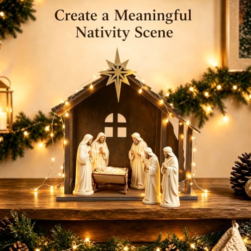Wooden Nativity Scene Stable with Star & Lights - Christmas Decor 12"