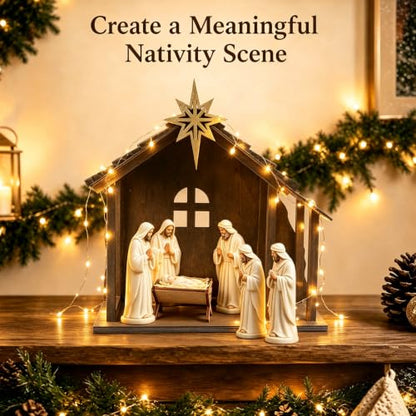 Wooden Nativity Scene Stable with Star & Lights - Christmas Decor 12"