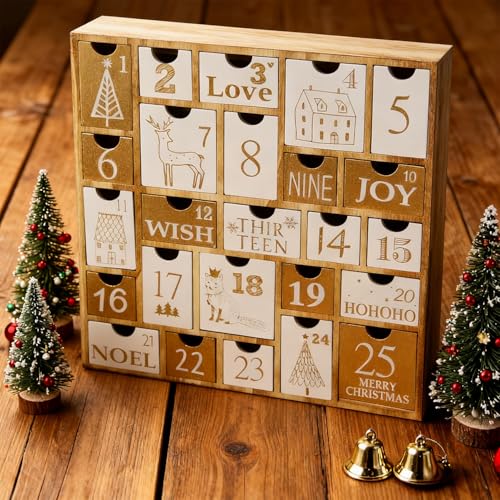 Wooden Advent Calendar with 25 Drawers - Refillable Christmas Countdown for Kids and Family