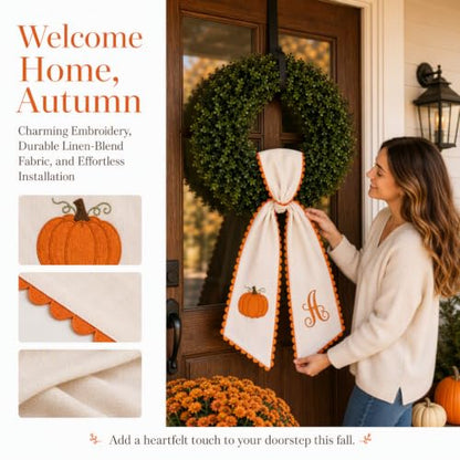 Medium Halloween Wreath Sash Decor with Embroidered Pumpkin & Initial - Fall Seasonal Accent