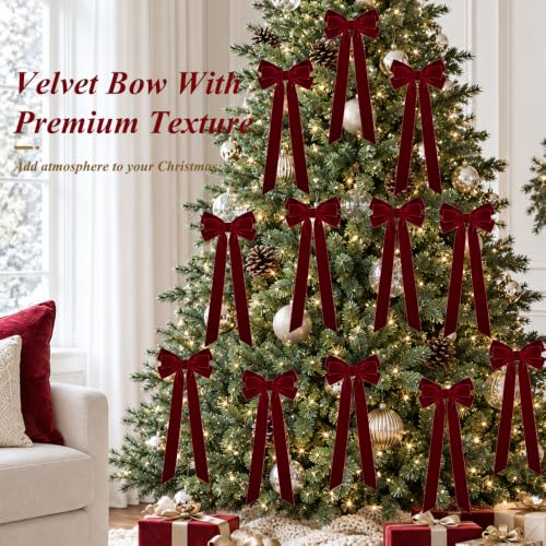 Burgundy Velvet Christmas Tree Bow Ornaments - Set of 15, 2.5cm Wide, Medium Variation