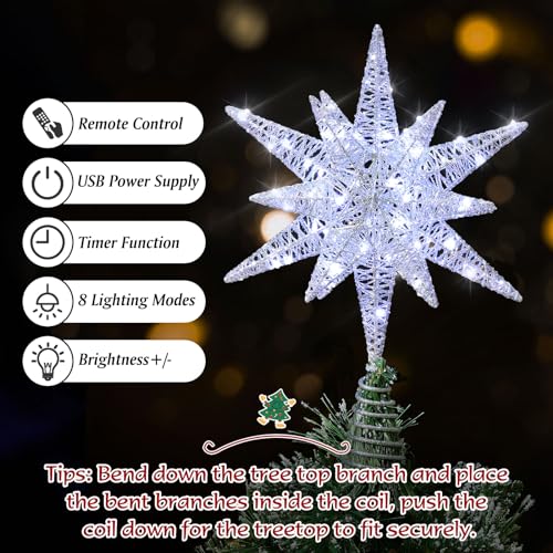 A-Silver 15-Inch Lighted 3D Moravian Star Christmas Tree Topper - Silver