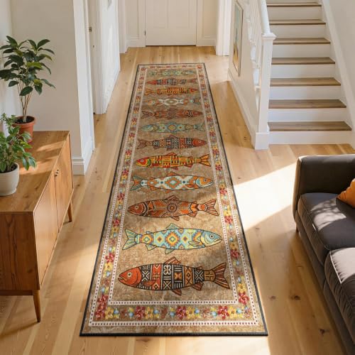 Boho Fish Runner Rug 1.3x7 Kitchen Rug Washable Beige Pattern 5