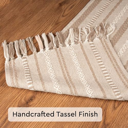 Encasa XO Boho Cotton Table Runner - Beige, 13x118 Inches, Woven Jacquard with Tassels