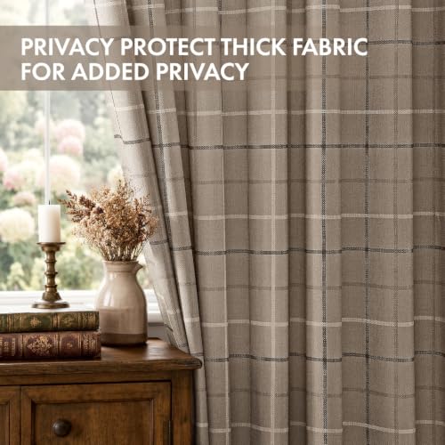 Brown Plaid Gingham Curtains 2 Panels 52W x 84L - Farmhouse Window Drapes, Light Filtering