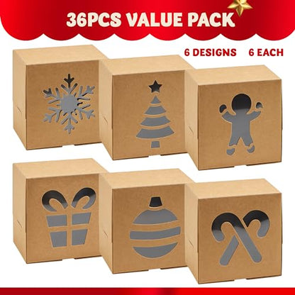 Brown Christmas Cookie Gift Boxes - 36 Pack with Window, 4x4x2.5 Inches