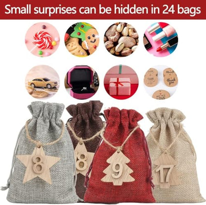 Christmas Advent Calendar Bags 24 Days DIY Countdown Hanging Decor Burlap Gift Bags