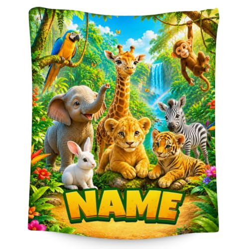 Personalized Kids Blanket for Boys - Animal Design, Yellow, Custom Name Gift