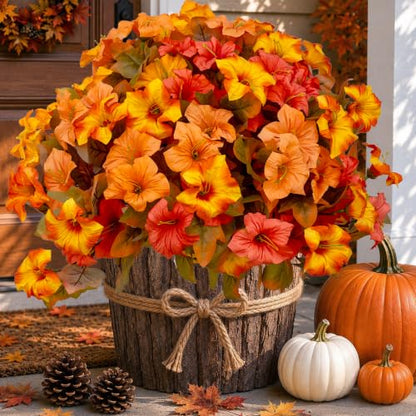 Artificial Fall Flowers Outdoor 4PCS Sunset Orange & Green Bicolor