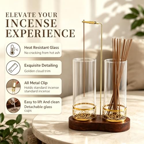 Incense Holder for Stick with Glass Ash Catcher and Anti-Tip Base - Includes 20 Incense Sticks