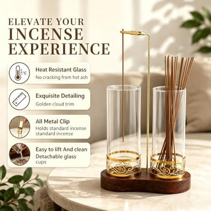 Incense Holder for Stick with Glass Ash Catcher and Anti-Tip Base - Includes 20 Incense Sticks