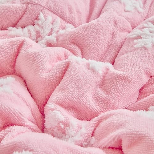 Pink Snowflake Queen Comforter Set Flannel Fleece Sherpa Winter Bedding