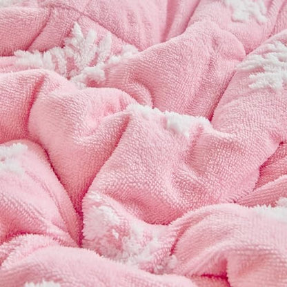 Pink Snowflake Queen Comforter Set Flannel Fleece Sherpa Winter Bedding