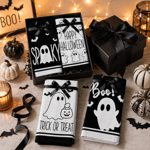 Halloween Kitchen Towels Set with Ghost Prints - 4 Pack, 18 x 26 in, Black & White