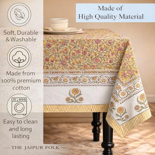 Pink Yellow Floral Rectangle Cotton Tablecloth 72x120 Inch Hand Block Printed Fall & Festive Decor