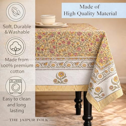 Pink Yellow Floral Rectangle Cotton Tablecloth 72x120 Inch Hand Block Printed Fall & Festive Decor