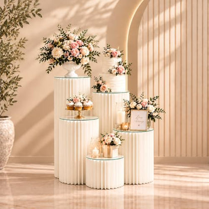 Foldable White Cylinder Pedestal Stands with Acrylic Plates - 5 Pack, Multi-Height, 11.8 Inch Cake Display for Parties - Variation of 5PCS-7.8/15.7/23.6/31.5