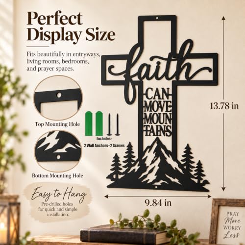 Christian Cross Wall Art - Faith Can Move Mountains Metal Decor