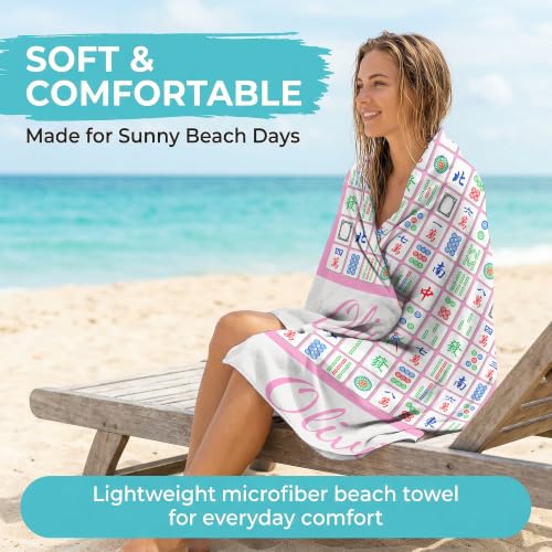 Personalized Mahjong Beach Towel with Name - Pink Tile Pattern, Microfiber, Custom Design - Design 31