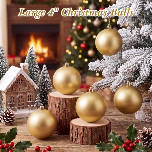 Christmas Ball Ornaments Set - Gold 4 Inch Holiday Decor DIY Craft - 12 Pieces