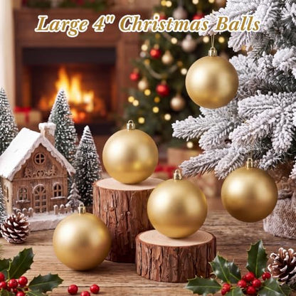 Christmas Ball Ornaments Set - Gold 4 Inch Holiday Decor DIY Craft - 12 Pieces