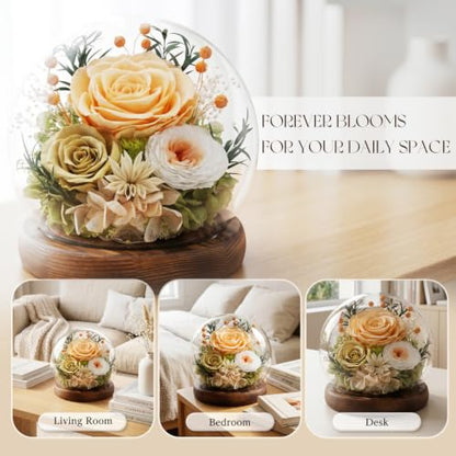 Preserved Flower Gift in Glass Dome - Beige Yellow for Mom & Grandma