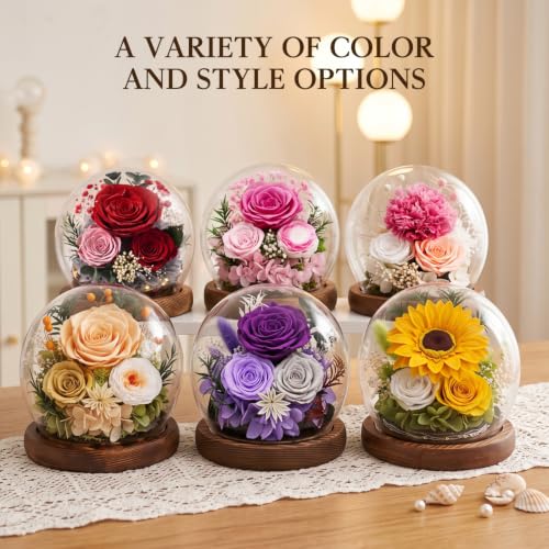 Preserved Flower Gift in Glass Dome - Beige Yellow for Mom & Grandma