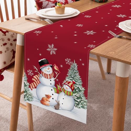 Red Snowman Christmas Table Runner 13x90 Inch Pine Trees Snowflakes Holiday Decor - Variation: Red Snowman-1