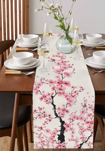 Japanese Style Cherry Blossom Table Runner 13x72 Inches Cotton Linen Burlap Pink