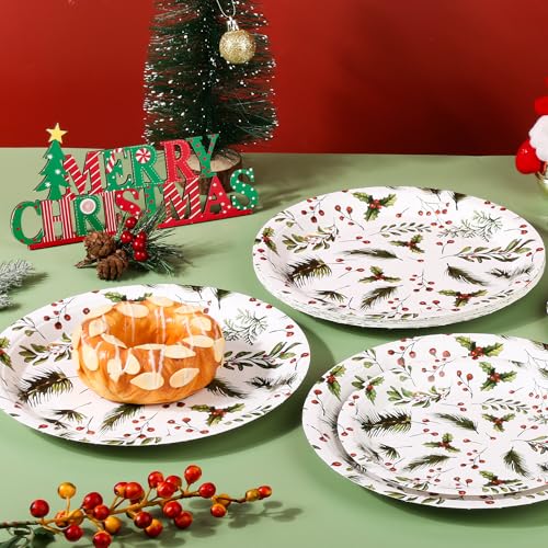 Christmas Paper Plates Holly Berries Disposable Party Plates Set of 48