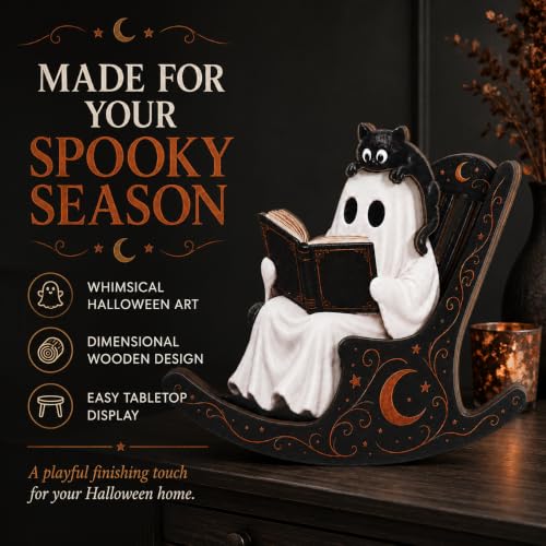 Halloween Ghost Decor - Reading Ghost Tabletop with Cat, Cozy Book Lover Halloween Decorations - Ghost Cat Book Variation