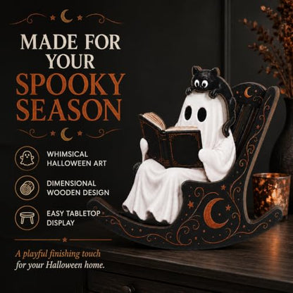 Halloween Ghost Decor - Reading Ghost Tabletop with Cat, Cozy Book Lover Halloween Decorations - Ghost Cat Book Variation