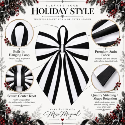 Black and White Striped Christmas Tree Topper Bow - 22 x 12.5 Inch, Satin, Holiday Decor, Variation: Stripe