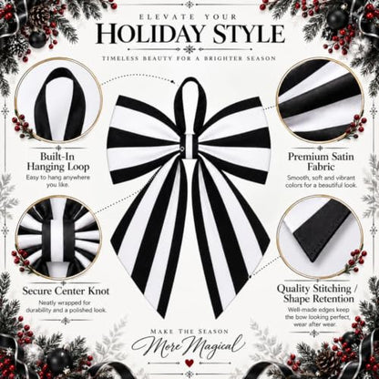 Black and White Striped Christmas Tree Topper Bow - 22 x 12.5 Inch, Satin, Holiday Decor, Variation: Stripe