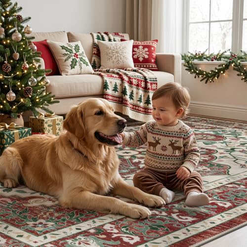 Red Christmas Area Rug 9x12 - Boho Vintage Floral, Non-Slip Backing, Washable