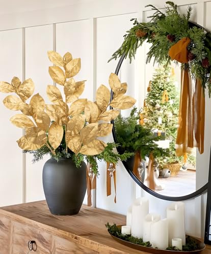 Faux Gold Magnolia Branches - Glitter Gold 28.7in Artificial Floral Stem for Holiday & Home Decor