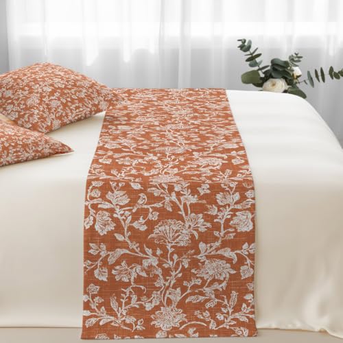King Size Botanical Rose Bed Runner Set with Pillow Covers Burnt Orange 94x20"