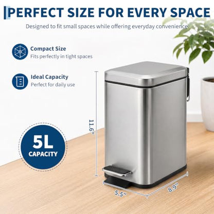 Small Bathroom Trash Can with Lid Soft Close 5L Stainless Steel - Variation: Stainless Steel 1.3 Gallon
