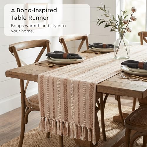 Encasa XO Boho Cotton Table Runner - Beige, 13x118 Inches, Woven Jacquard with Tassels