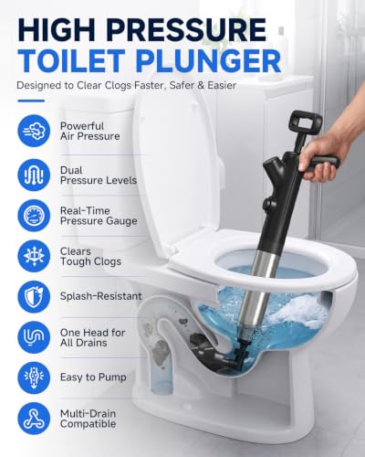 High Pressure Toilet Plunger Black - Heavy Duty Drain Blaster for Clogs