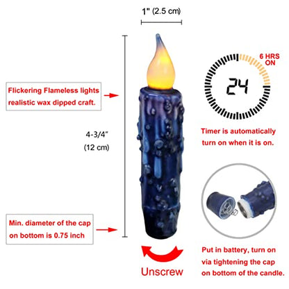 Navy Blue Flameless Taper Candles with Timer Set - Real Wax Hand Dipped, 4-3/4 Inch, 6 Pieces