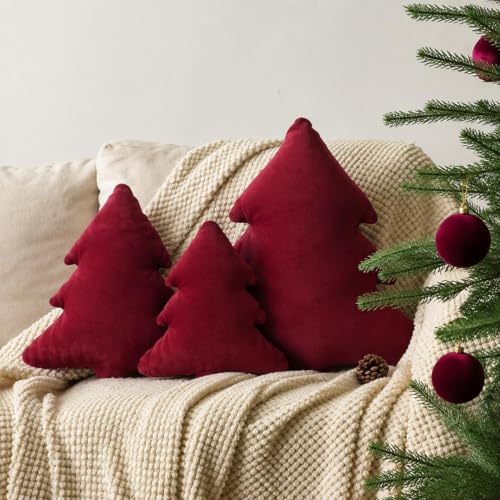 Peryiter Burgundy Red Velvet Christmas Tree Throw Pillows Set - 16 Inches