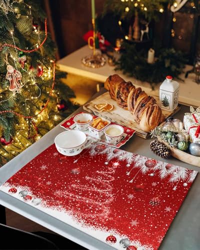Christmas Cotton Linen Placemats Set of 6 - Red Sparkle Ornaments 13x19 Inches