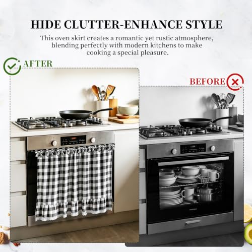 Black and White Check Oven Skirt Curtain with Lace Trim - 30x21 Inch, Variation of Black and White Check