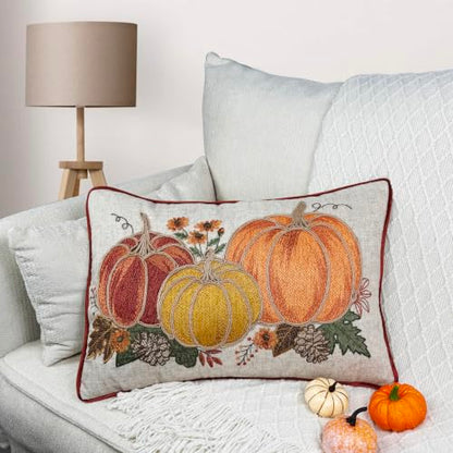 Fall Pumpkin Embroidery Throw Pillow Cover 14x20 Inch Rustic Harvest Decor
