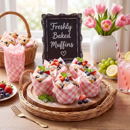 Pink Gingham Tulip Cupcake Liners - 100 Pack for Baking & Parties