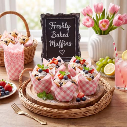 Pink Gingham Tulip Cupcake Liners - 100 Pack for Baking & Parties